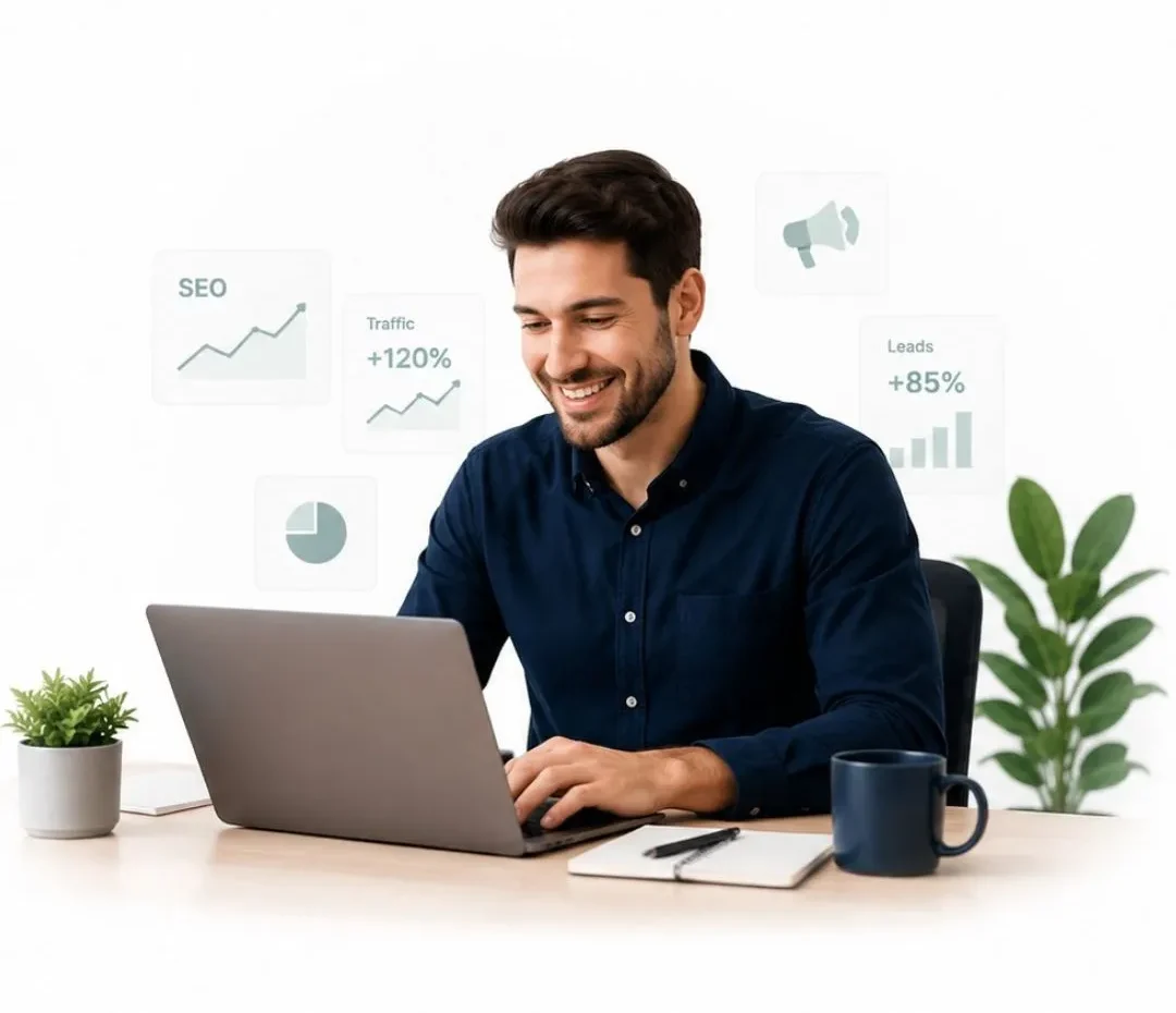 Man working on a laptop while reviewing SEO and website traffic analytics.